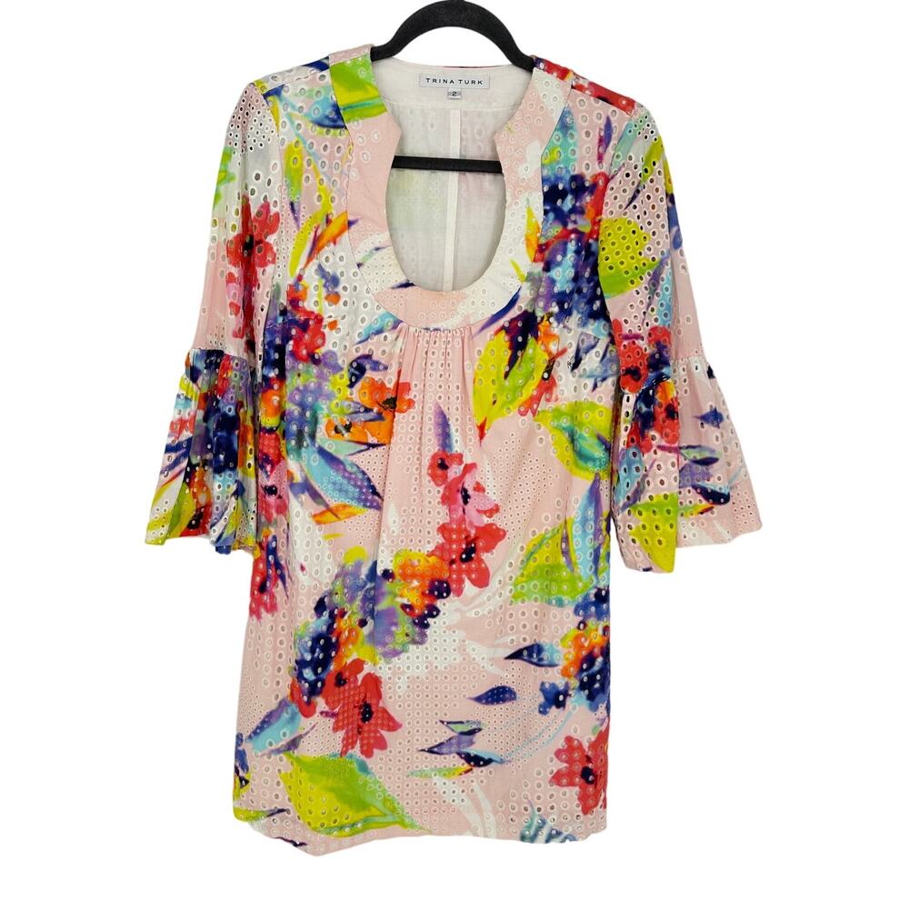 Trina Turk Elin Rainbow Watercolor Eyelet Dress 3/4 Bell Sleeve Shift Women's 2‎